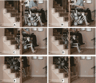 Climbing Stairs” shows 6 screen shots taken from a video of the wheelchair and passenger climbing stairs.  Hand rails are present, but the passenger is not using them. Figure 3A shows a side view of the wheelchair backed up against the stairs.  The spider wheel is visible with two minor wheels level on the floor. The caster skids and front skids are visible with their tips near the floor.
Figure 3B shows the spider wheel with forward minor wheel lifted several inches. The caster skids have lifted to the top of the first step and front skids have extended to balance and level the wheelchair.
Figure 3C shows the spider wheel with its aft minor wheel resting on the first step and forward minor unsupported and level with the aft minor wheel. The caster skids have lifted to the top of the second step and front skids have further extended to balance and level the wheelchair.
Figure 3D shows the spider wheel with two minor wheels high and one low and supporting on the first step.  The caster skids are resting against the edge of the third step. The front skids continue to extend to balance and level the wheelchair.
Figure 3E shows continued climbing with aft minor wheel on the edge of the third step. The caster skids are now hidden behind a wall on the side of the stairway. The front skids are now resting on the edge of the first step.
Figure 3F shows continued climbing with the front skids are now resting on the top of the first step.
